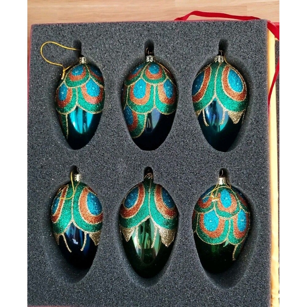 Fancy Elegant Egg-Shaped Heavy Glitter Glass Christmas Ornaments - Set of 6